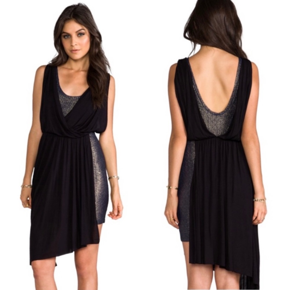 Free People Eleanor Black Blue Metallic Gold Grecian Mini Dress Size Large